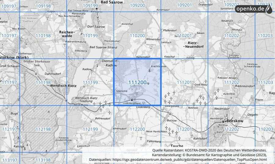 Übersichtskarte des KOSTRA-DWD-2020-Rasterfeldes Nr. 111200