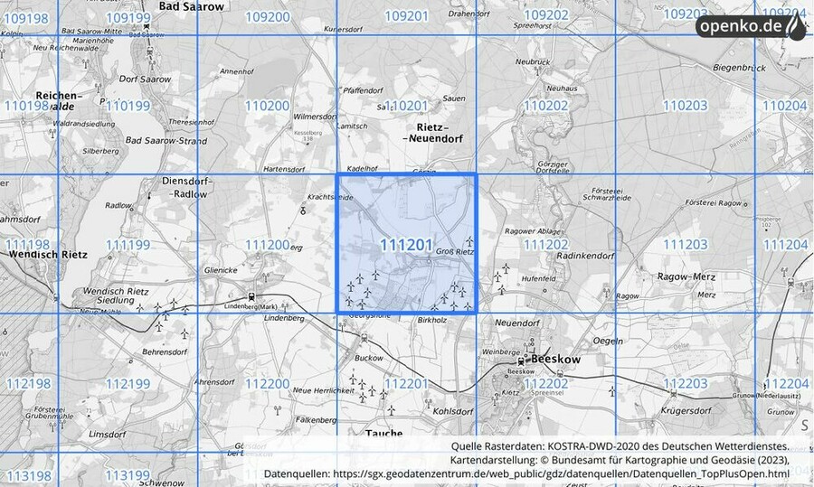 Übersichtskarte des KOSTRA-DWD-2020-Rasterfeldes Nr. 111201