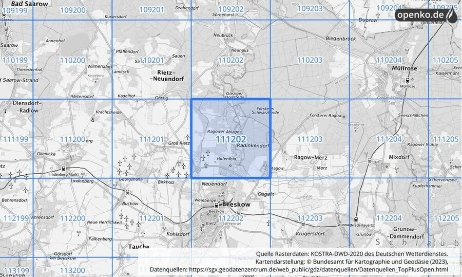 Übersichtskarte des KOSTRA-DWD-2020-Rasterfeldes Nr. 111202