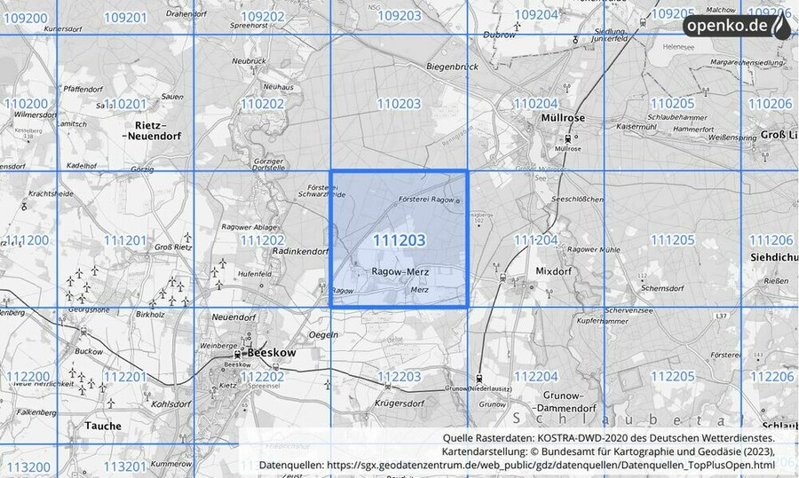 Übersichtskarte des KOSTRA-DWD-2020-Rasterfeldes Nr. 111203