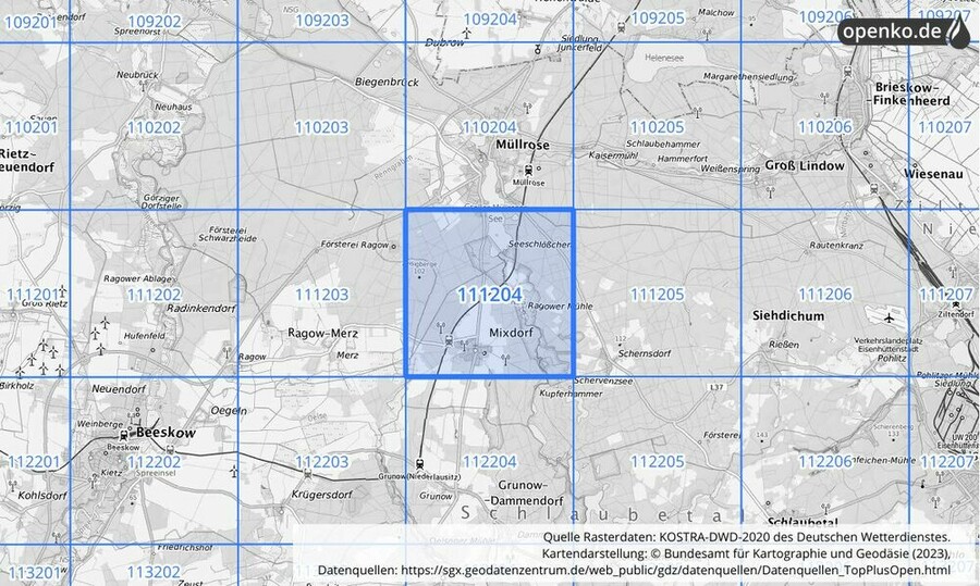 Übersichtskarte des KOSTRA-DWD-2020-Rasterfeldes Nr. 111204