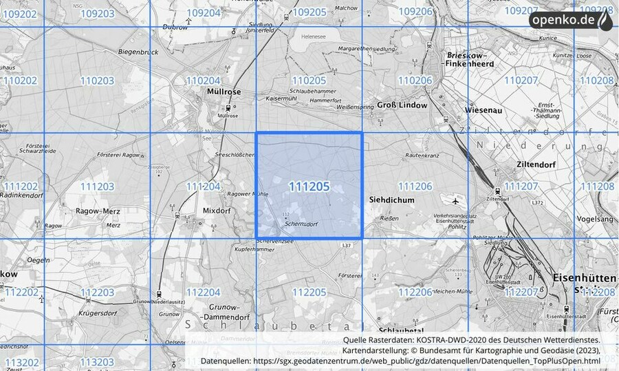 Übersichtskarte des KOSTRA-DWD-2020-Rasterfeldes Nr. 111205