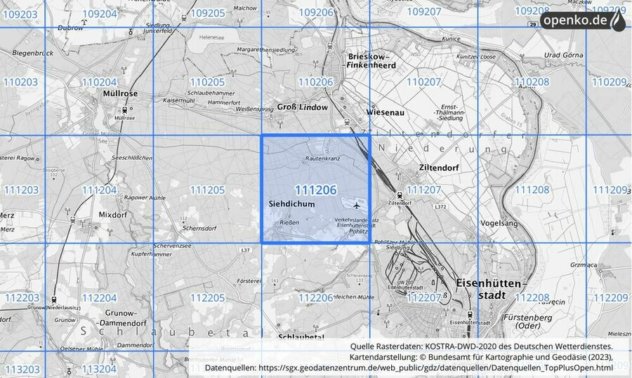 Übersichtskarte des KOSTRA-DWD-2020-Rasterfeldes Nr. 111206