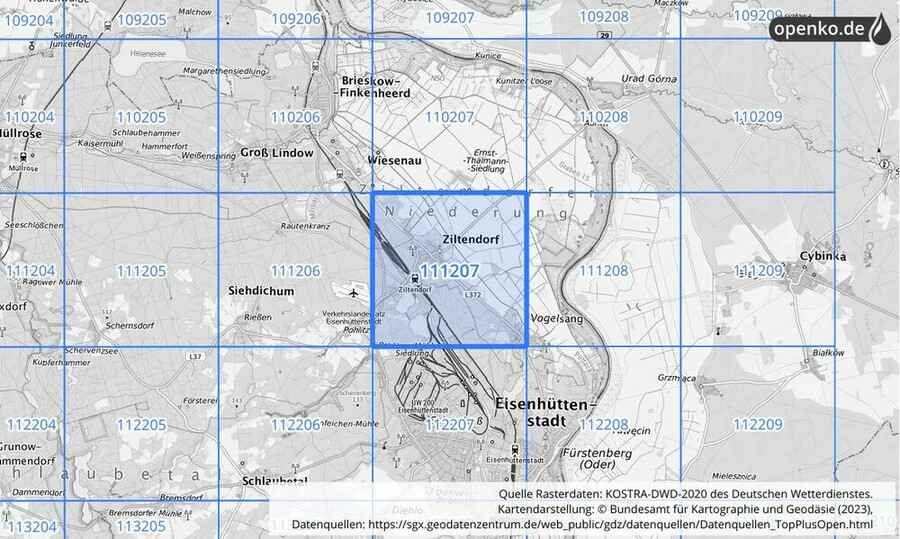 Übersichtskarte des KOSTRA-DWD-2020-Rasterfeldes Nr. 111207