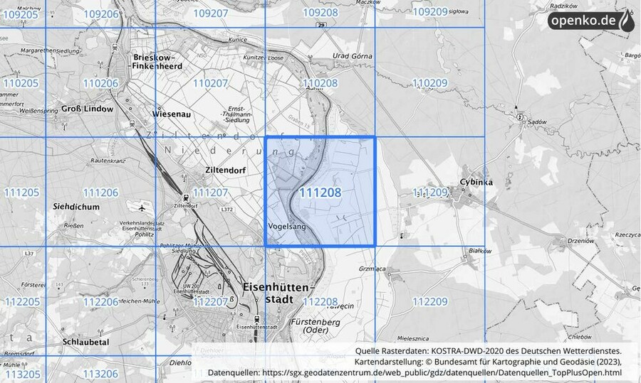 Übersichtskarte des KOSTRA-DWD-2020-Rasterfeldes Nr. 111208