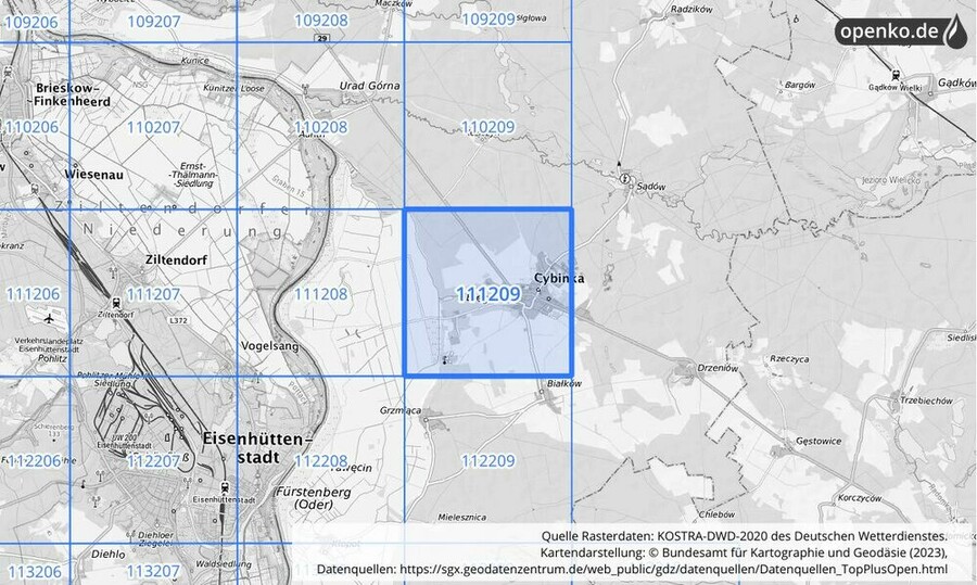 Übersichtskarte des KOSTRA-DWD-2020-Rasterfeldes Nr. 111209