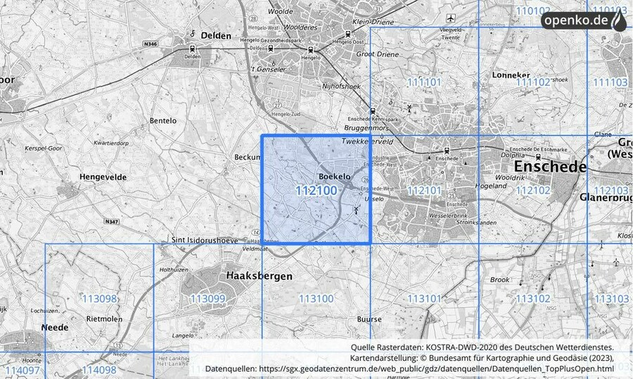 Übersichtskarte des KOSTRA-DWD-2020-Rasterfeldes Nr. 112100