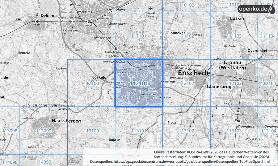 Übersichtskarte des KOSTRA-DWD-2020-Rasterfeldes Nr. 112101