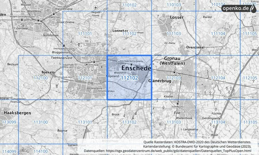 Übersichtskarte des KOSTRA-DWD-2020-Rasterfeldes Nr. 112102