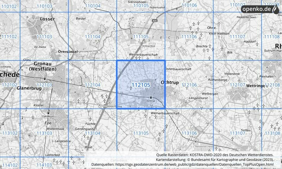 Übersichtskarte des KOSTRA-DWD-2020-Rasterfeldes Nr. 112105