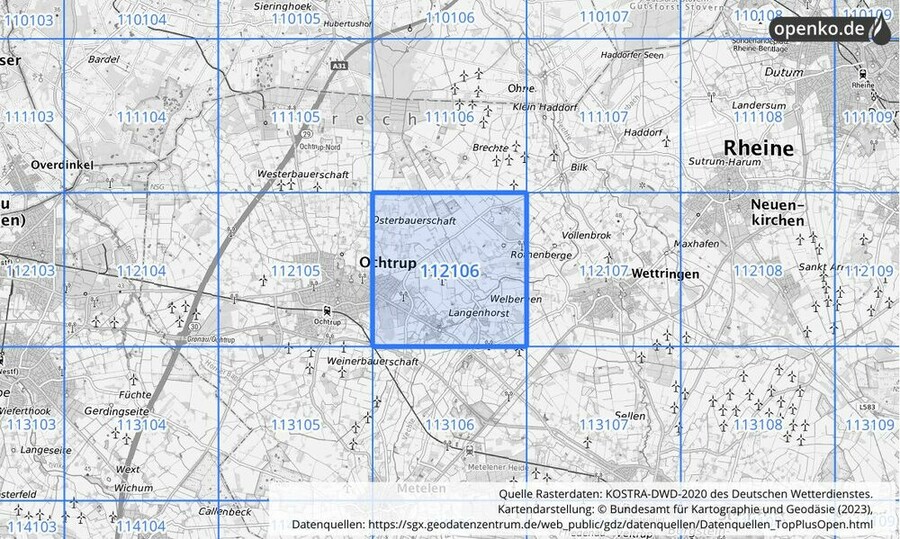 Übersichtskarte des KOSTRA-DWD-2020-Rasterfeldes Nr. 112106