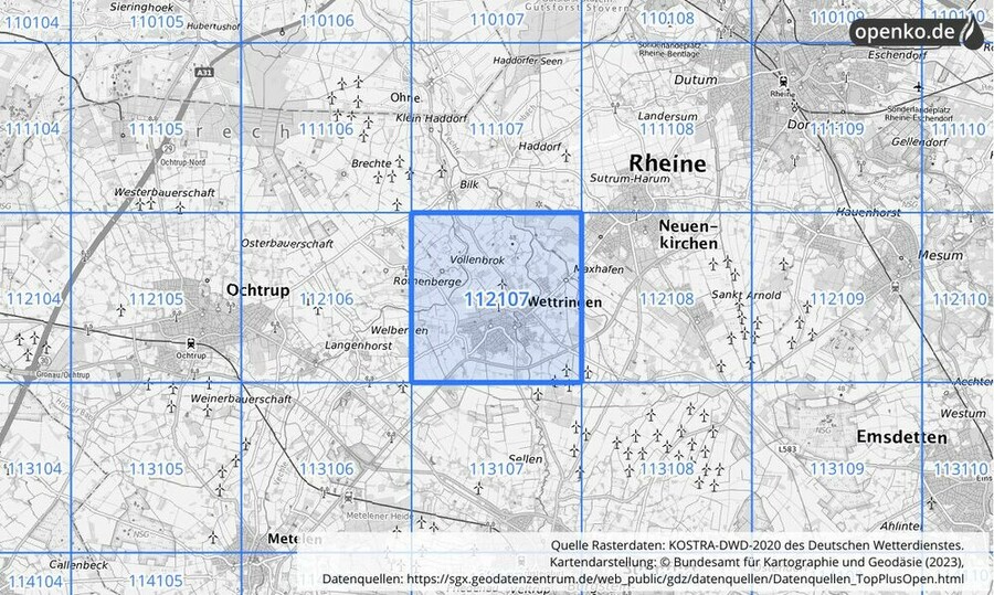 Übersichtskarte des KOSTRA-DWD-2020-Rasterfeldes Nr. 112107