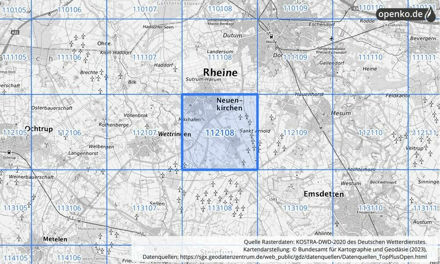 Übersichtskarte des KOSTRA-DWD-2020-Rasterfeldes Nr. 112108