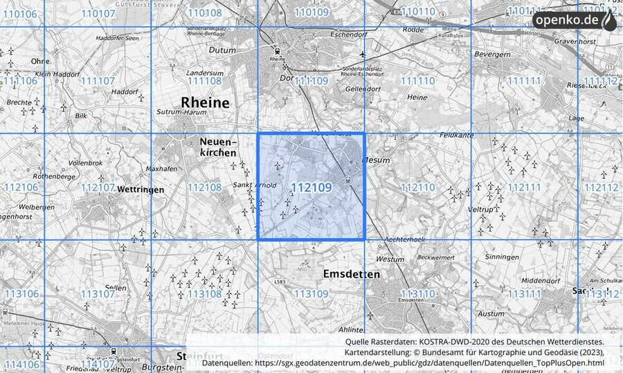 Übersichtskarte des KOSTRA-DWD-2020-Rasterfeldes Nr. 112109