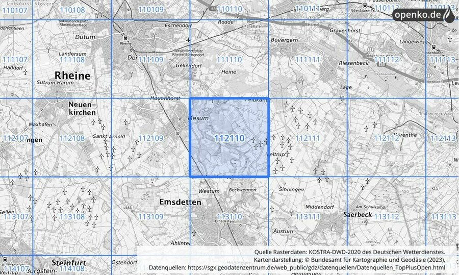 Übersichtskarte des KOSTRA-DWD-2020-Rasterfeldes Nr. 112110