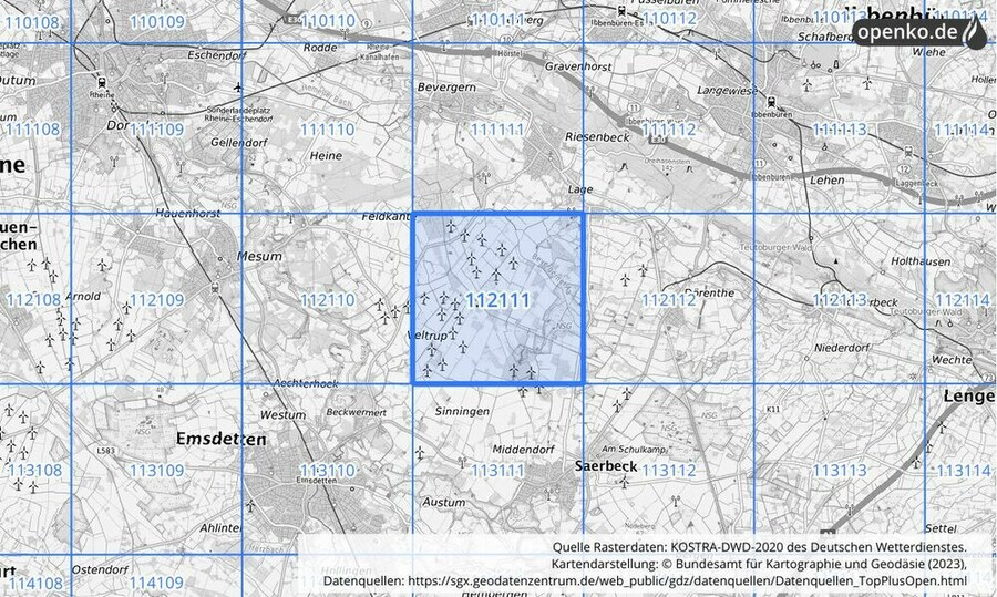 Übersichtskarte des KOSTRA-DWD-2020-Rasterfeldes Nr. 112111