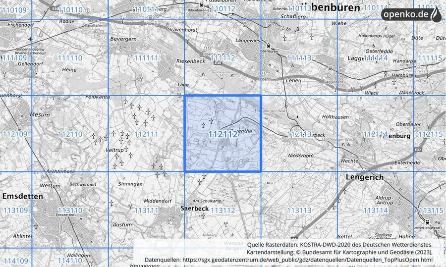 Übersichtskarte des KOSTRA-DWD-2020-Rasterfeldes Nr. 112112