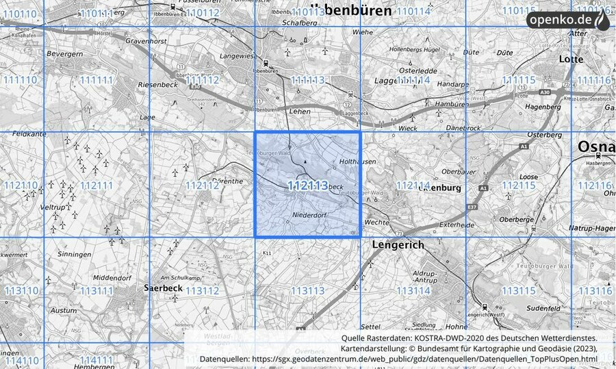 Übersichtskarte des KOSTRA-DWD-2020-Rasterfeldes Nr. 112113