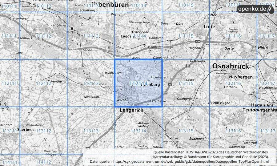 Übersichtskarte des KOSTRA-DWD-2020-Rasterfeldes Nr. 112114