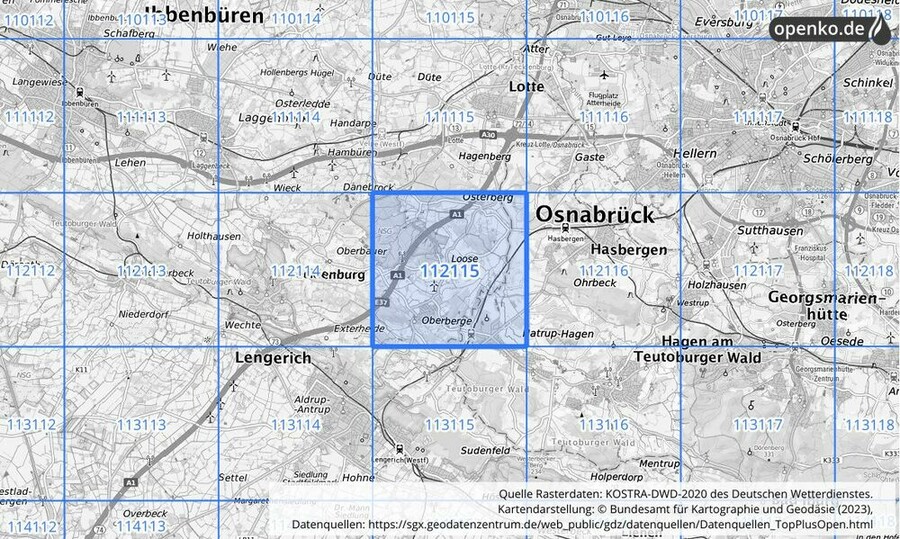 Übersichtskarte des KOSTRA-DWD-2020-Rasterfeldes Nr. 112115