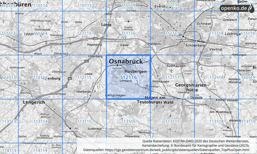 Übersichtskarte des KOSTRA-DWD-2020-Rasterfeldes Nr. 112116