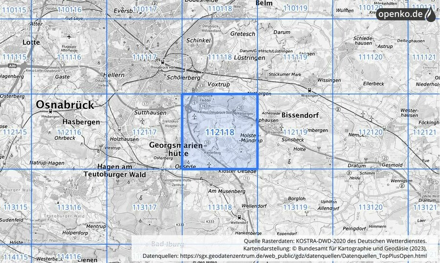 Übersichtskarte des KOSTRA-DWD-2020-Rasterfeldes Nr. 112118