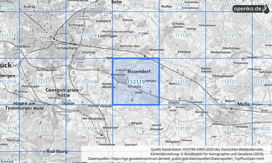 Übersichtskarte des KOSTRA-DWD-2020-Rasterfeldes Nr. 112119