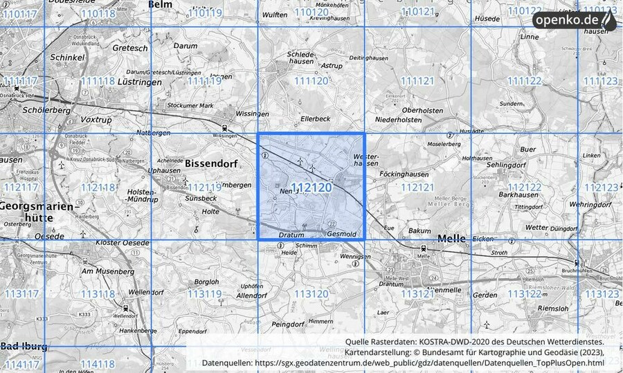 Übersichtskarte des KOSTRA-DWD-2020-Rasterfeldes Nr. 112120