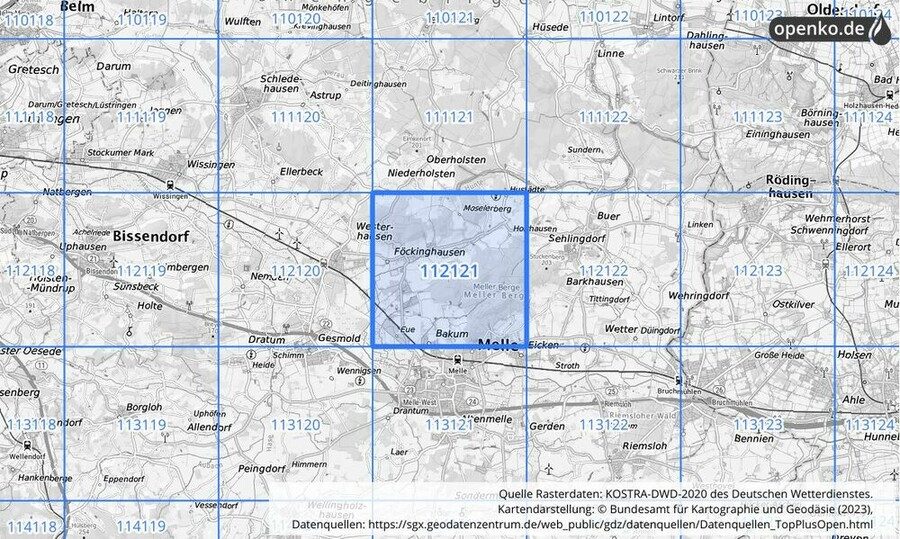 Übersichtskarte des KOSTRA-DWD-2020-Rasterfeldes Nr. 112121