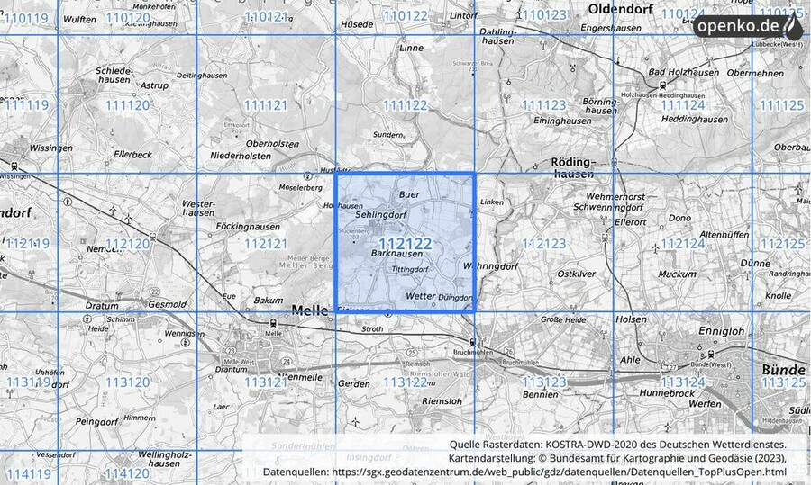 Übersichtskarte des KOSTRA-DWD-2020-Rasterfeldes Nr. 112122