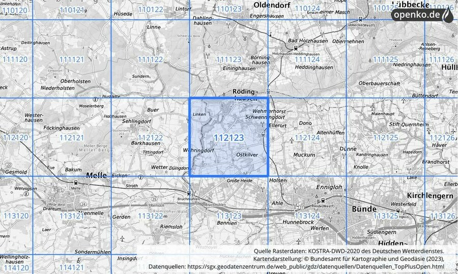 Übersichtskarte des KOSTRA-DWD-2020-Rasterfeldes Nr. 112123