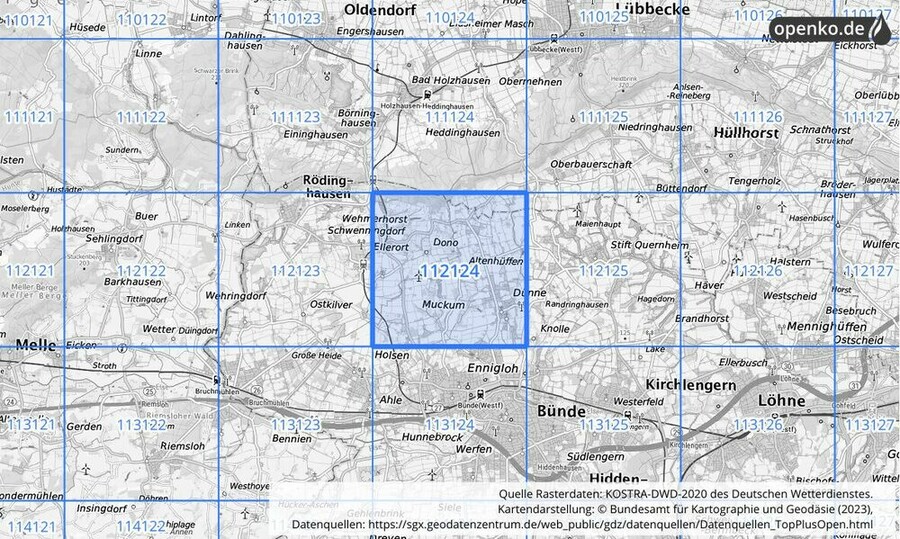 Übersichtskarte des KOSTRA-DWD-2020-Rasterfeldes Nr. 112124