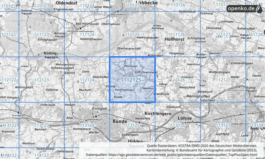 Übersichtskarte des KOSTRA-DWD-2020-Rasterfeldes Nr. 112125