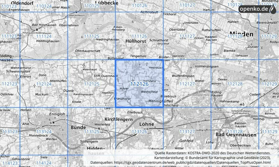 Übersichtskarte des KOSTRA-DWD-2020-Rasterfeldes Nr. 112126