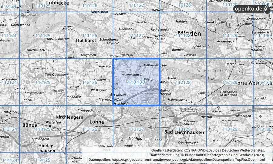 Übersichtskarte des KOSTRA-DWD-2020-Rasterfeldes Nr. 112127