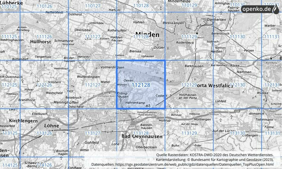 Übersichtskarte des KOSTRA-DWD-2020-Rasterfeldes Nr. 112128