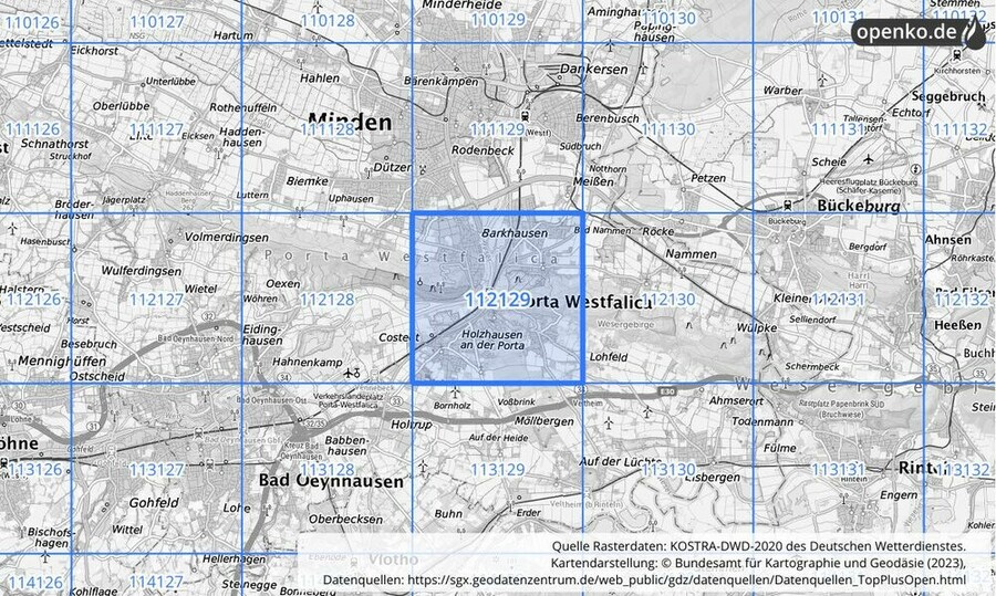 Übersichtskarte des KOSTRA-DWD-2020-Rasterfeldes Nr. 112129