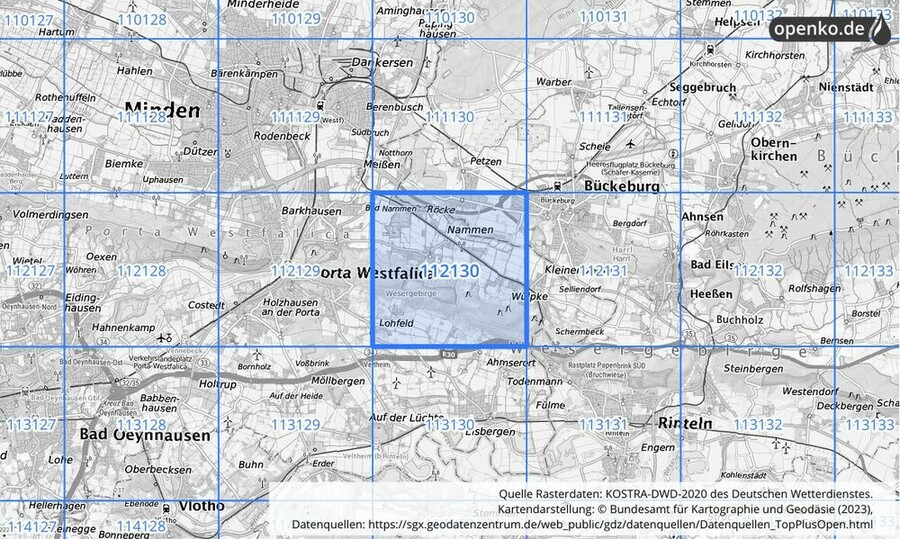 Übersichtskarte des KOSTRA-DWD-2020-Rasterfeldes Nr. 112130