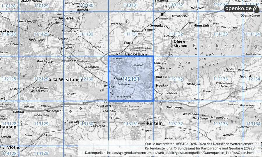 Übersichtskarte des KOSTRA-DWD-2020-Rasterfeldes Nr. 112131