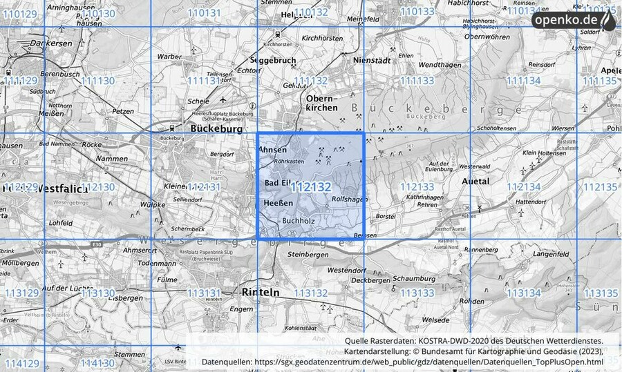 Übersichtskarte des KOSTRA-DWD-2020-Rasterfeldes Nr. 112132