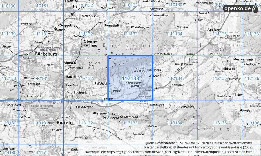 Übersichtskarte des KOSTRA-DWD-2020-Rasterfeldes Nr. 112133