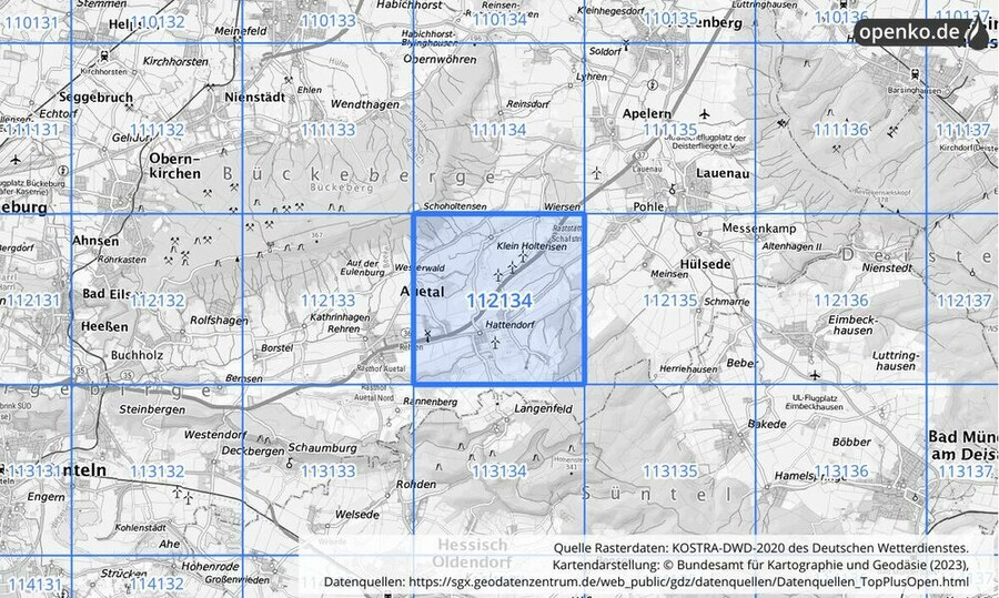 Übersichtskarte des KOSTRA-DWD-2020-Rasterfeldes Nr. 112134