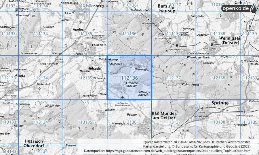 Übersichtskarte des KOSTRA-DWD-2020-Rasterfeldes Nr. 112136