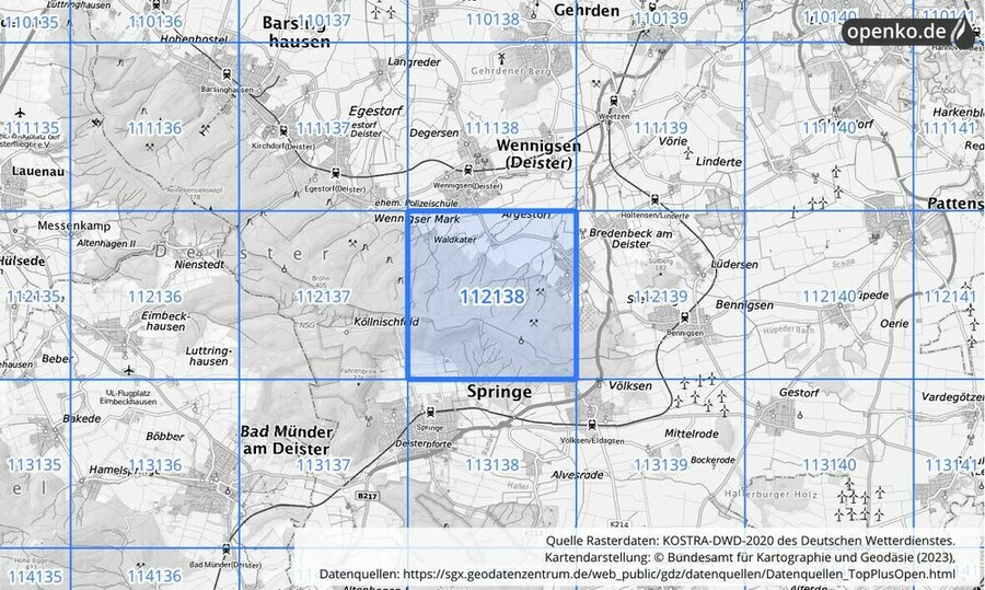 Übersichtskarte des KOSTRA-DWD-2020-Rasterfeldes Nr. 112138