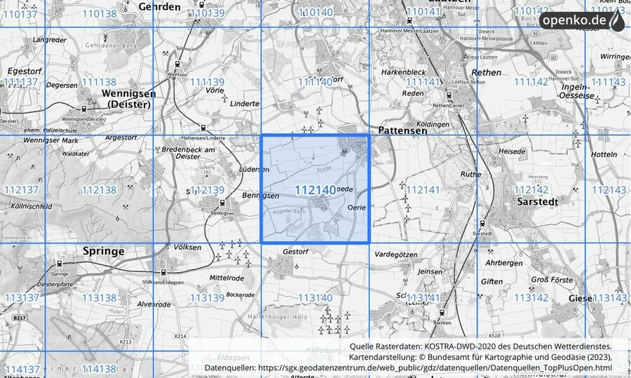 Übersichtskarte des KOSTRA-DWD-2020-Rasterfeldes Nr. 112140