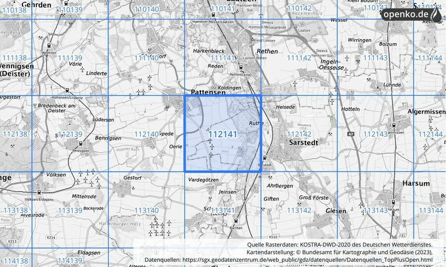 Übersichtskarte des KOSTRA-DWD-2020-Rasterfeldes Nr. 112141