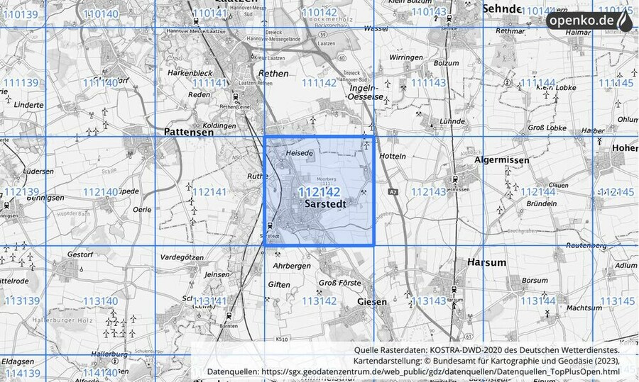 Übersichtskarte des KOSTRA-DWD-2020-Rasterfeldes Nr. 112142