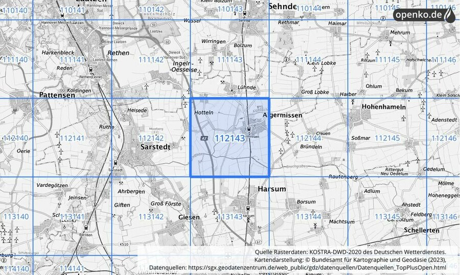 Übersichtskarte des KOSTRA-DWD-2020-Rasterfeldes Nr. 112143