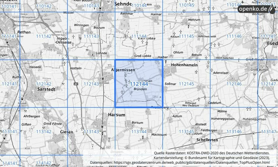 Übersichtskarte des KOSTRA-DWD-2020-Rasterfeldes Nr. 112144