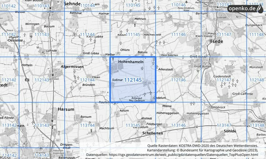 Übersichtskarte des KOSTRA-DWD-2020-Rasterfeldes Nr. 112145